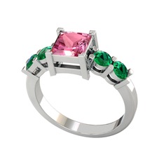 Pya 5 Taş Yüzük - Pembe kuvars ve yeşil kuvars 18 ayar beyaz altın yüzük #4d87g3