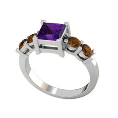 Pya 5 Taş Yüzük - Ametist ve dumanlı kuvars 8 ayar beyaz altın yüzük #4wdav7