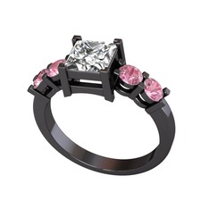 Pya 5 Taş Yüzük - Beyaz zirkon ve pembe kuvars 925 ayar siyah rodyum kaplama gümüş yüzük #657zkp