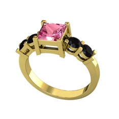 Pya 5 Taş Yüzük - Pembe kuvars ve siyah zirkon 14 ayar altın yüzük #68skuw