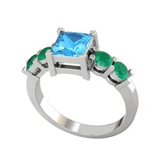 Pya 5 Taş Yüzük - Akuamarin ve kök zümrüt 14 ayar beyaz altın yüzük #7wpotw