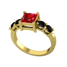 Pya 5 Taş Yüzük - Garnet ve siyah zirkon 14 ayar altın yüzük #99kf4l