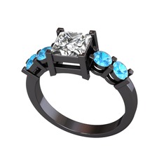 Pya 5 Taş Yüzük - Beyaz zirkon ve akuamarin 925 ayar siyah rodyum kaplama gümüş yüzük #afwms2