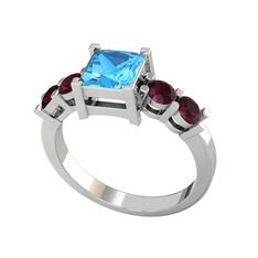 Pya 5 Taş Yüzük - Akuamarin ve kök yakut 18 ayar beyaz altın yüzük #ex1zm5