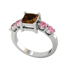 Pya 5 Taş Yüzük - Dumanlı kuvars ve pembe kuvars 18 ayar beyaz altın yüzük #fnryb2