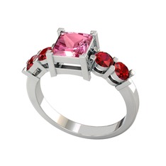 Pembe kuvars ve garnet 14 ayar beyaz altın yüzük