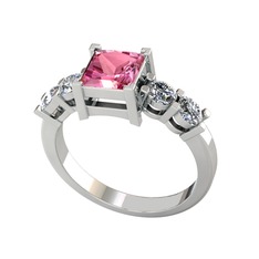Pya 5 Taş Yüzük - Pembe kuvars ve pırlanta 925 ayar gümüş yüzük (0.64 karat) #k84w0t