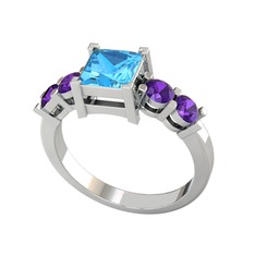 Pya 5 Taş Yüzük - Akuamarin ve ametist 8 ayar beyaz altın yüzük #m64u7k