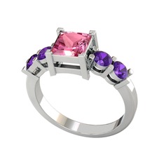 Pya 5 Taş Yüzük - Pembe kuvars ve ametist 18 ayar beyaz altın yüzük #pb1z5a
