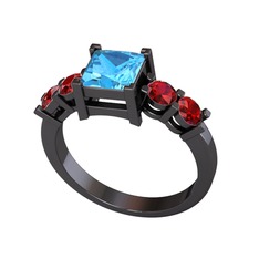 Akuamarin ve garnet 925 ayar siyah rodyum kaplama gümüş yüzük