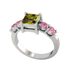 Pya 5 Taş Yüzük - Peridot ve pembe kuvars 18 ayar beyaz altın yüzük #pz85dq