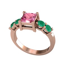 Pya 5 Taş Yüzük - Pembe kuvars ve kök zümrüt 925 ayar rose altın kaplama gümüş yüzük #qya38k