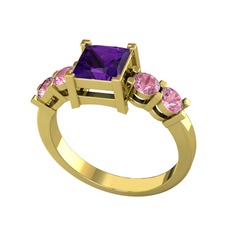 Pya 5 Taş Yüzük - Ametist ve pembe kuvars 14 ayar altın yüzük #s2ag6k