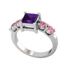 Pya 5 Taş Yüzük - Ametist ve pembe kuvars 18 ayar beyaz altın yüzük #u4ijbb