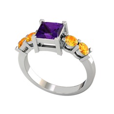 Pya 5 Taş Yüzük - Ametist ve sitrin 8 ayar beyaz altın yüzük #v5lphx