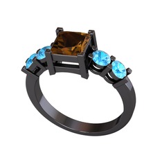 Dumanlı kuvars ve akuamarin 925 ayar siyah rodyum kaplama gümüş yüzük