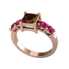 Pya 5 Taş Yüzük - Dumanlı kuvars ve rodolit garnet 14 ayar rose altın yüzük #x3pszc