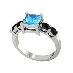 Pya 5 Taş Yüzük - Akuamarin ve siyah zirkon 14 ayar beyaz altın yüzük #ya7rhe