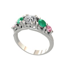 Eden 5 Taş Yüzük - Pırlanta, kök zümrüt ve pembe kuvars 14 ayar beyaz altın yüzük (0.92 karat) #10od8ne