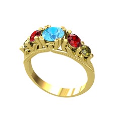 Akuamarin, garnet ve peridot 8 ayar altın yüzük