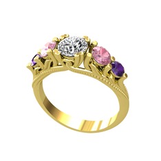 Eden 5 Taş Yüzük - Pırlanta, pembe kuvars ve ametist 14 ayar altın yüzük (0.92 karat) #112bj48