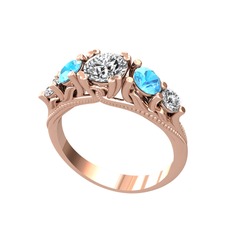 Eden 5 Taş Yüzük - Pırlanta ve akuamarin 925 ayar rose altın kaplama gümüş yüzük (1.28 karat) #11kywwx