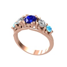 Lab safir, swarovski ve akuamarin 8 ayar rose altın yüzük