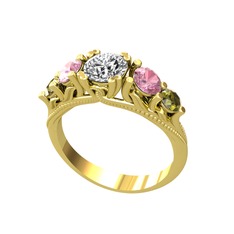 Eden 5 Taş Yüzük - Pırlanta, pembe kuvars ve peridot 14 ayar altın yüzük (0.92 karat) #12vsvxf