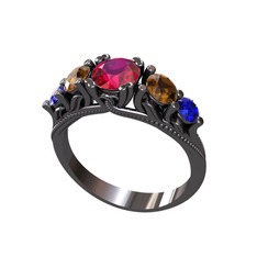 Eden 5 Taş Yüzük - Rodolit garnet, dumanlı kuvars ve lab safir 925 ayar siyah rodyum kaplama gümüş yüzük #130vjo0