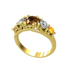 Eden 5 Taş Yüzük - Dumanlı kuvars, swarovski ve sitrin 8 ayar altın yüzük #1341ur5