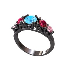 Eden 5 Taş Yüzük - Akuamarin, rodolit garnet ve pembe kuvars 925 ayar siyah rodyum kaplama gümüş yüzük #138inyy