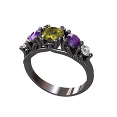 Eden 5 Taş Yüzük - Peridot, ametist ve pırlanta 925 ayar siyah rodyum kaplama gümüş yüzük (0.36 karat) #13ggmph