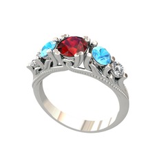 Garnet, akuamarin ve swarovski 18 ayar beyaz altın yüzük