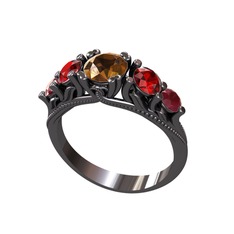 Dumanlı kuvars, garnet ve kök yakut 925 ayar siyah rodyum kaplama gümüş yüzük