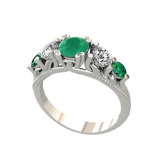 Kök zümrüt, swarovski ve yeşil kuvars 14 ayar beyaz altın yüzük