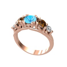 Eden 5 Taş Yüzük - Akuamarin, dumanlı kuvars ve swarovski 14 ayar rose altın yüzük #142abcf
