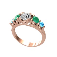 Eden 5 Taş Yüzük - Pırlanta, kök zümrüt ve akuamarin 18 ayar rose altın yüzük (0.92 karat) #14k6avo