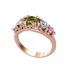 Eden 5 Taş Yüzük - Peridot, beyaz zirkon ve pembe kuvars 925 ayar rose altın kaplama gümüş yüzük #14kg2yp
