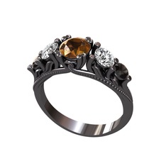 Eden 5 Taş Yüzük - Dumanlı kuvars, swarovski ve siyah zirkon 925 ayar siyah rodyum kaplama gümüş yüzük #14u6bnm