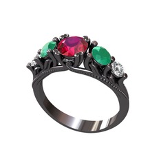 Eden 5 Taş Yüzük - Rodolit garnet, kök zümrüt ve pırlanta 925 ayar siyah rodyum kaplama gümüş yüzük (0.36 karat) #150ua4i