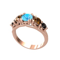 Akuamarin, dumanlı kuvars ve siyah zirkon 925 ayar rose altın kaplama gümüş yüzük