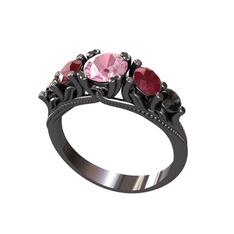 Eden 5 Taş Yüzük - Pembe kuvars, kök yakut ve siyah zirkon 925 ayar siyah rodyum kaplama gümüş yüzük #15no02z