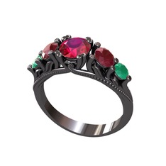 Eden 5 Taş Yüzük - Rodolit garnet, kök yakut ve kök zümrüt 925 ayar siyah rodyum kaplama gümüş yüzük #15qg35o