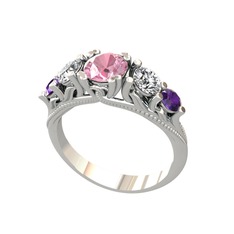 Eden 5 Taş Yüzük - Pembe kuvars, swarovski ve ametist 14 ayar beyaz altın yüzük #15yea5c