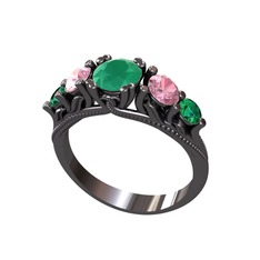 Kök zümrüt, pembe kuvars ve yeşil kuvars 925 ayar siyah rodyum kaplama gümüş yüzük