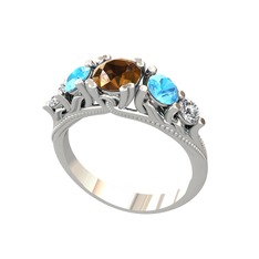 Eden 5 Taş Yüzük - Dumanlı kuvars, akuamarin ve swarovski 8 ayar beyaz altın yüzük #165jwvb