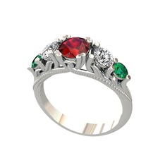 Eden 5 Taş Yüzük - Garnet, swarovski ve yeşil kuvars 8 ayar beyaz altın yüzük #165qucp