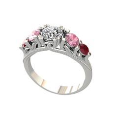 Eden 5 Taş Yüzük - Pırlanta, pembe kuvars ve kök yakut 18 ayar beyaz altın yüzük (0.92 karat) #16jy25p