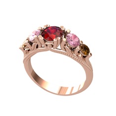 Eden 5 Taş Yüzük - Garnet, pembe kuvars ve dumanlı kuvars 14 ayar rose altın yüzük #16oup38