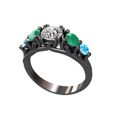 Eden 5 Taş Yüzük - Swarovski, kök zümrüt ve akuamarin 925 ayar siyah rodyum kaplama gümüş yüzük #187ck1a